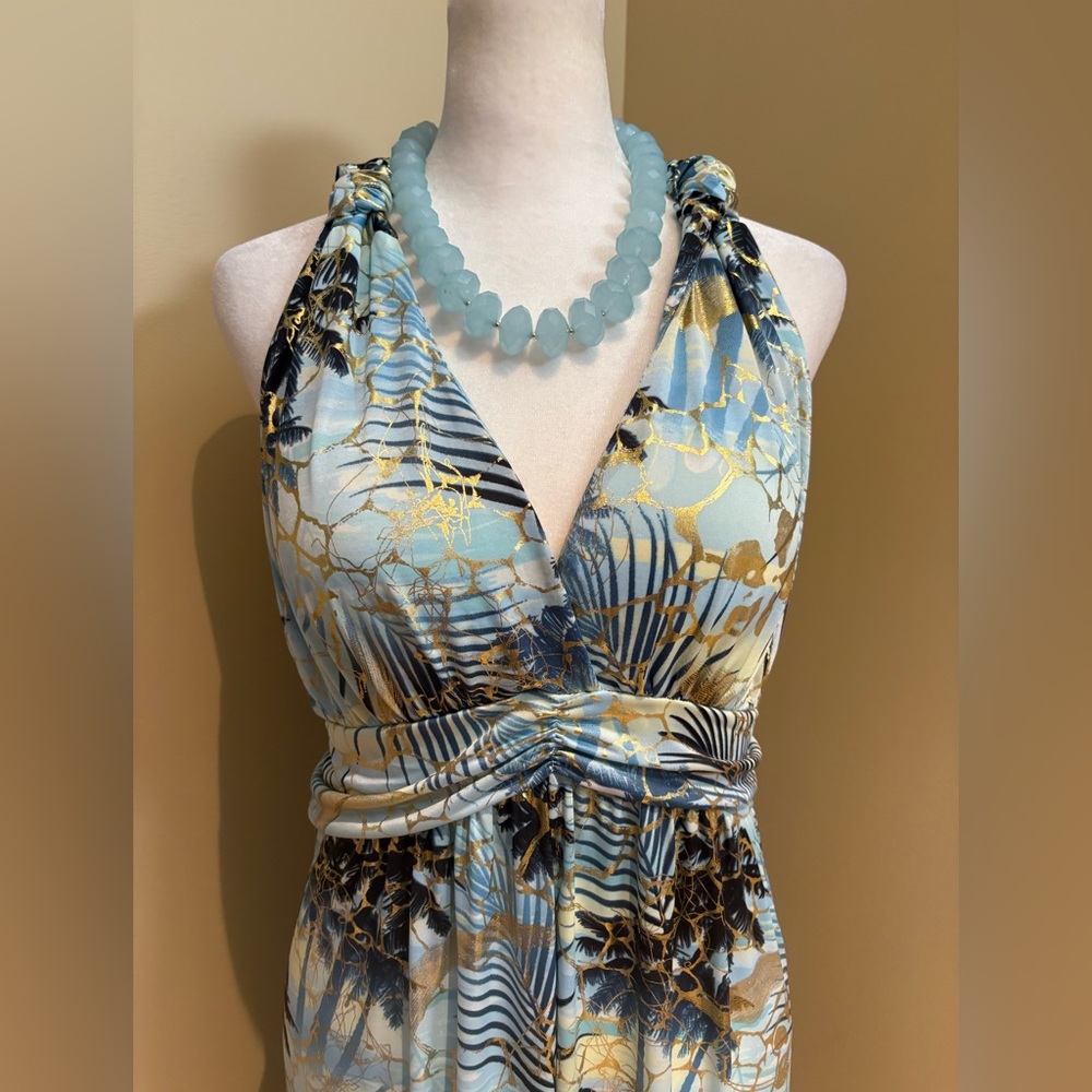 Gorgeous Shoreline Dress 🌴 Tropical Palm Trees 🩵 Blue Gold Black Large/X Large